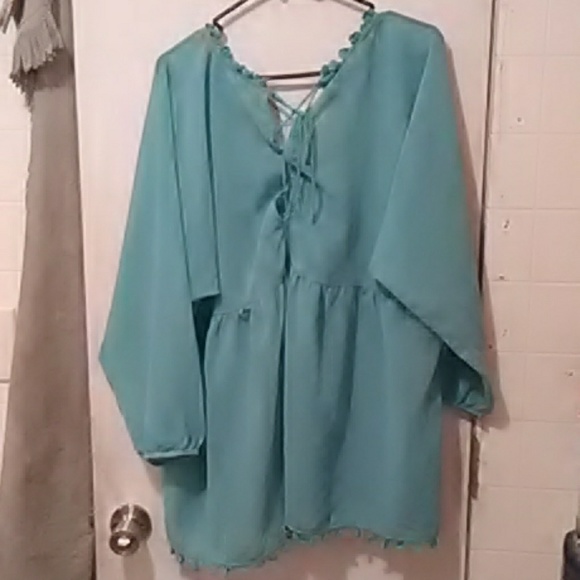 Blue-Green V Neck Semisheer fringed top - Picture 5 of 8